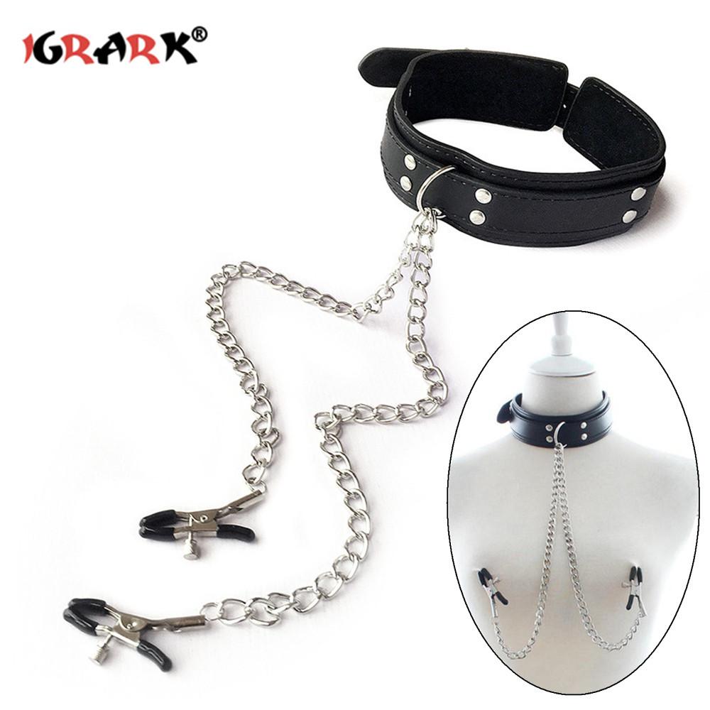 Cool Punk Choker Leather Neck Collar Nipple Clamp Breast Clip Chain Couples Sm Sex Toys For Women 18 Adult Games Erotic Products