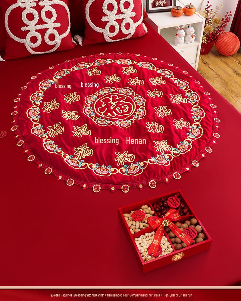 Embroidered Wedding Cushion Set: 'Fu' Character & 'Hundred Blessings' Design for Bride's Bed with Early Birth Motif