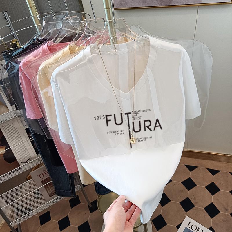 

2025 Summer Women s Pink V-neck Short Sleeve Cotton Top M