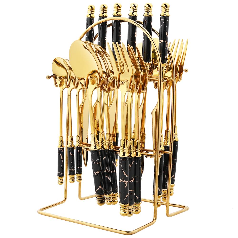 Juego de cubiertos dorados con mango de cerámica de imitación, vajilla de acero inoxidable 304, cuchillos, tenedores, cuchara con soporte para cubiertos, 24 Uds.