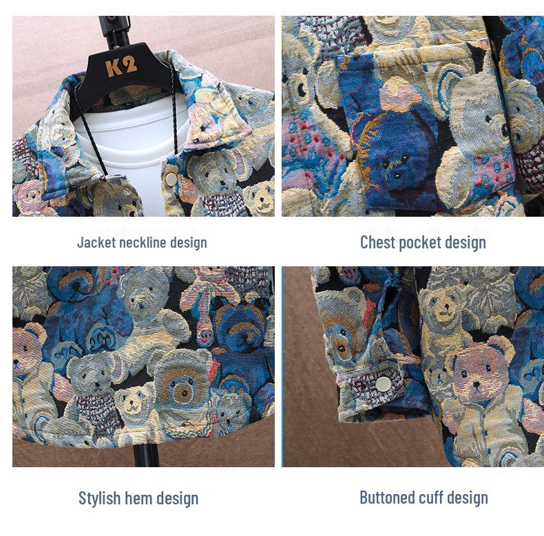 Jachetă Denim Jacquard cu Ursuleț pentru Bărbați - Nouă Modă Streetwear Toamnă/Iarnă