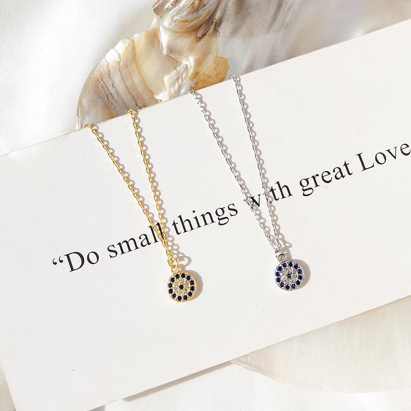 Turkish Devil'S Eye Necklace Simple Full Diamond Round Blue Eyes Zircon Clavicle Chain Female