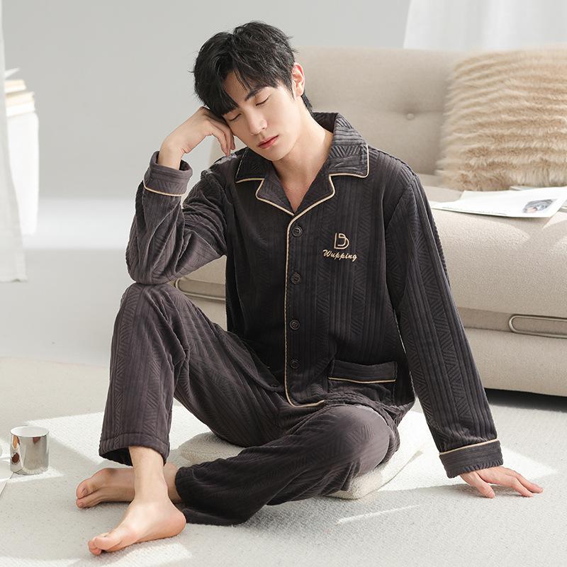 Pajamas Men'S Autumn And Winter Island Fleece Thickened Fleece Long Sleeve Coral Fleece Large Size Loungewear Spring And Autumn Warm Suit