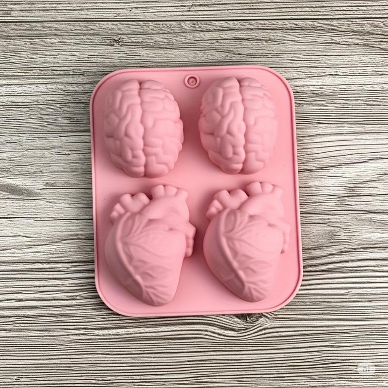 4-Cavity Heart and Brain Silicone Mold, Reusable Baking Mold for Cake, Jelly, Ice, and DIY Crafts