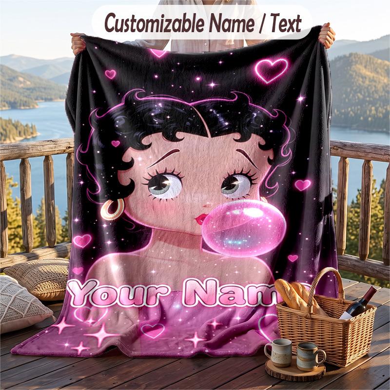 Custom Text Flannel Throw Blanket, Lightweight Cozy Bed Sofa BlanketBetty Boop