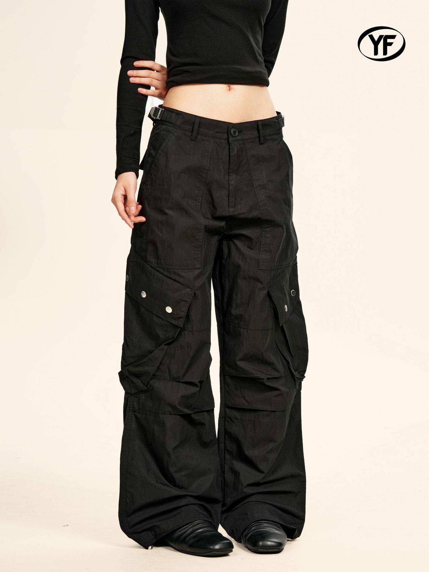 Yongfang Unisex Street Style Wide-Leg Cargo Pants L