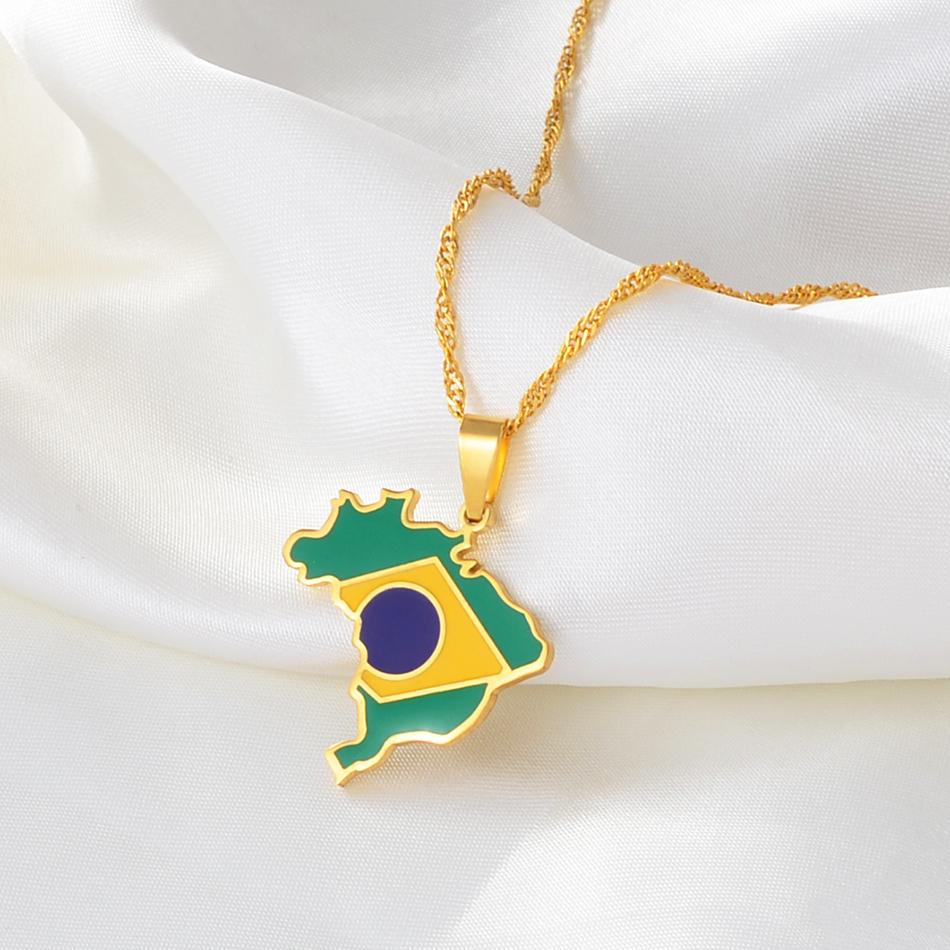 Anniyo Brazil Map and Flag Pendant & Necklace Brasil Maps Silver Color/Gold Color Jewelry #315921