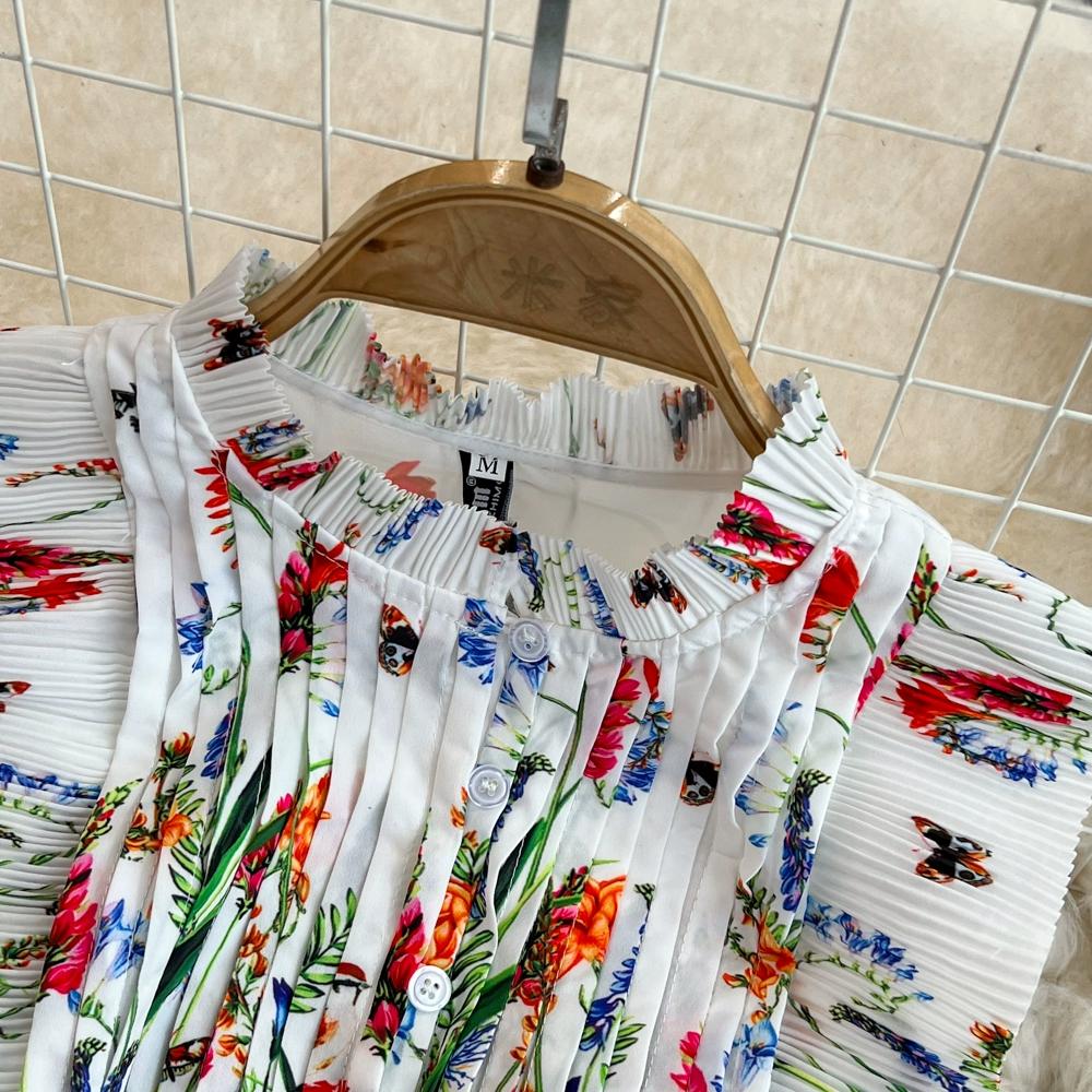 Sommer Damen Kleid Mode Blumendruck Ärmelloses Kleid Hohe Taille Skinny Plissee Kleid