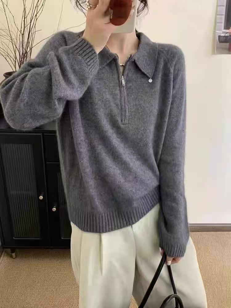 European Style High-End Women's Wool Half-Zip Sweater, 2025 Winter Lapel, Thick Knit, Autumn/Winter Loose Base Layer