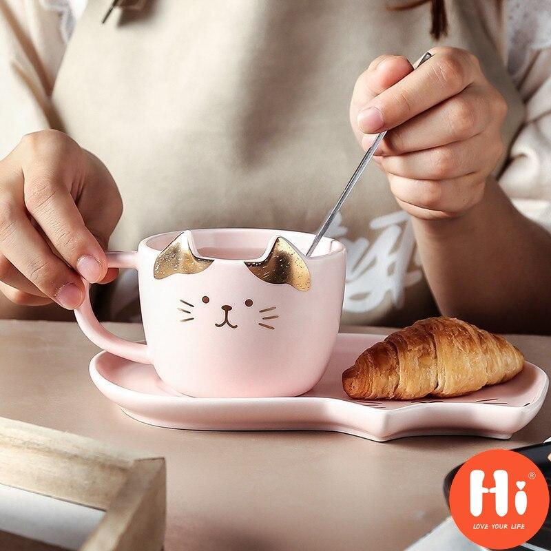 Hi Ceramic Coffee Cup With Saucer Spoon Cartoon Cat Teacup Breakfast Milk Mug Bread Dessert Dish Gift