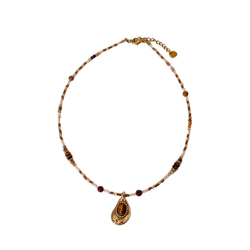Tiger'S Eye Beaded Halskjede Maillard Oval Premium Genserkjede Titanium Stål Vintage Coffee Naturstein Clavicle Chain