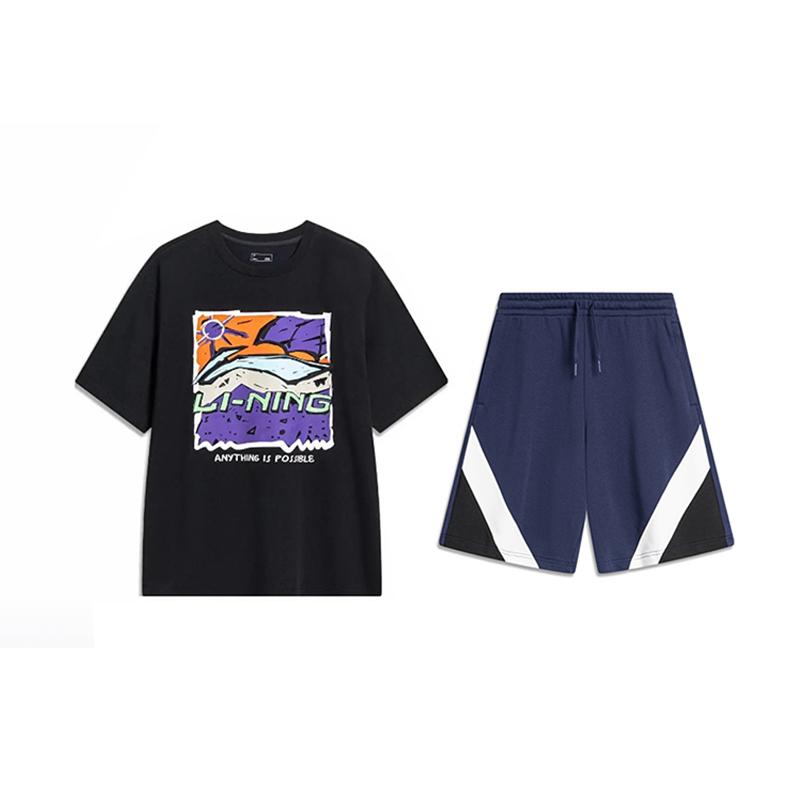

Футболка с мультяшным принтом и круглым вырезом, с короткими рукавами и шорты-пятиточки средней посадки с лоскутной отделкой, повседневный спортивный комплект, унисекс, AHST543-2+AKSU613-2 M