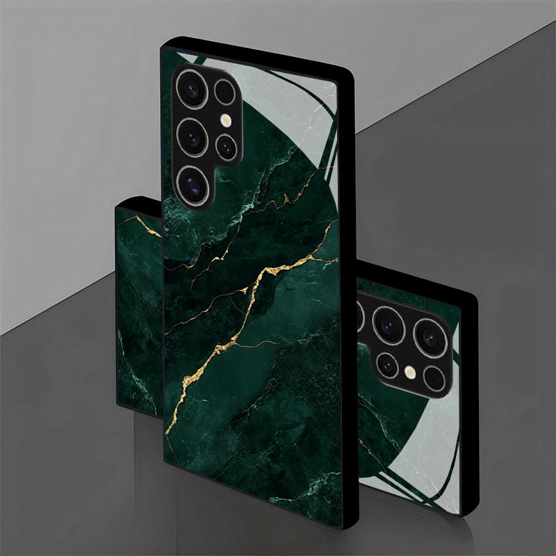 Dunkelgrüne Glas-Handyhülle mit Goldmuster für Samsung Galaxy S26 S25 S24 S23 S22 S20 fe/plus/ultra Fingerabdruckschutz