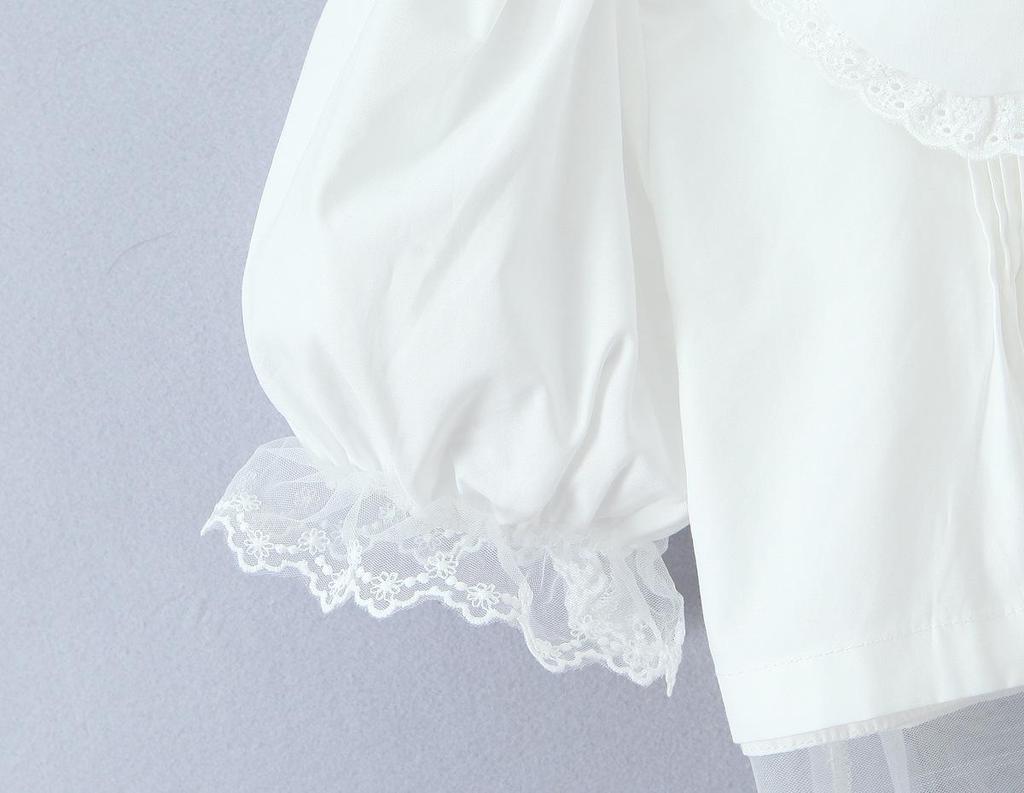 2025 Autumn Women's White Mesh Shirt with Doll Collar & Lace Puff Sleeves