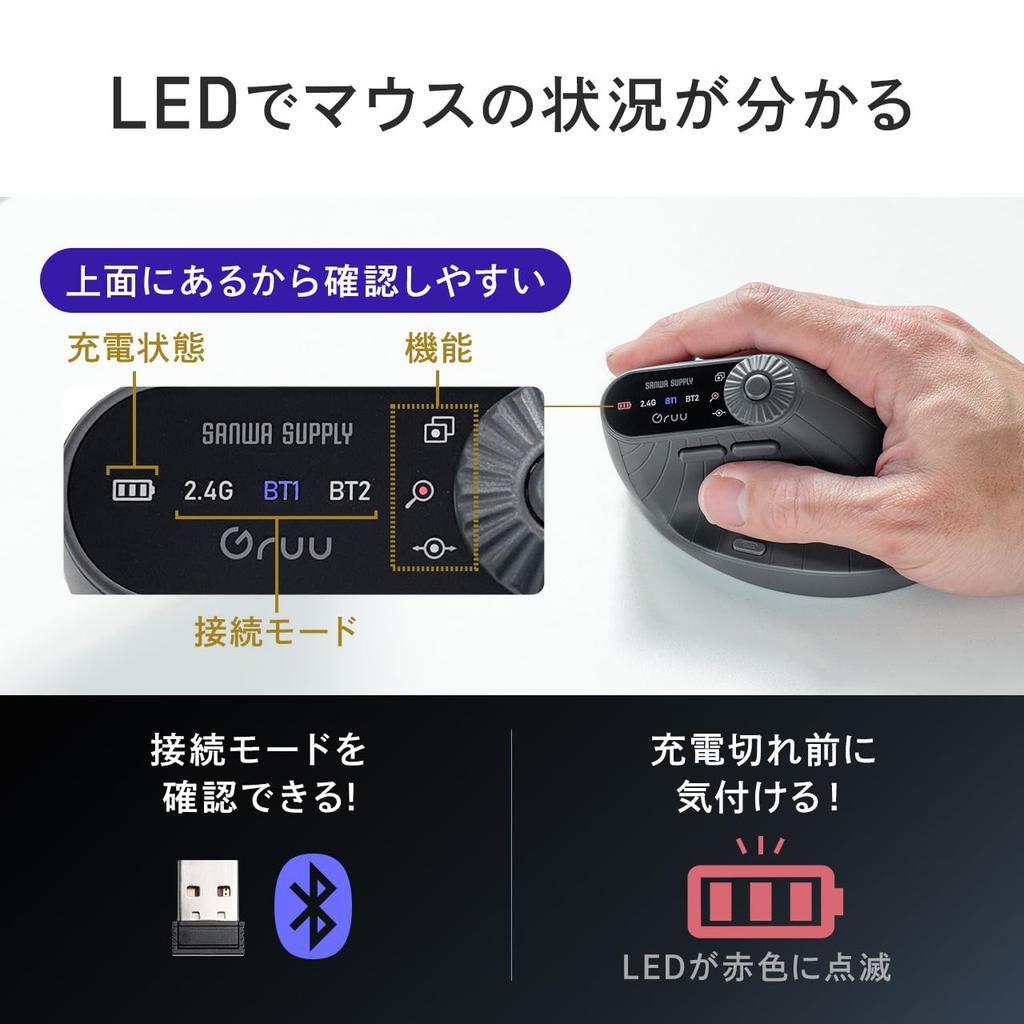 Sanwa Direct Ergonomic Mouse 5 Buttons 3 Function Dial Operation Bluetooth Wireless Rechargeable Horizontal Scrolling Mouse Multi-Function /