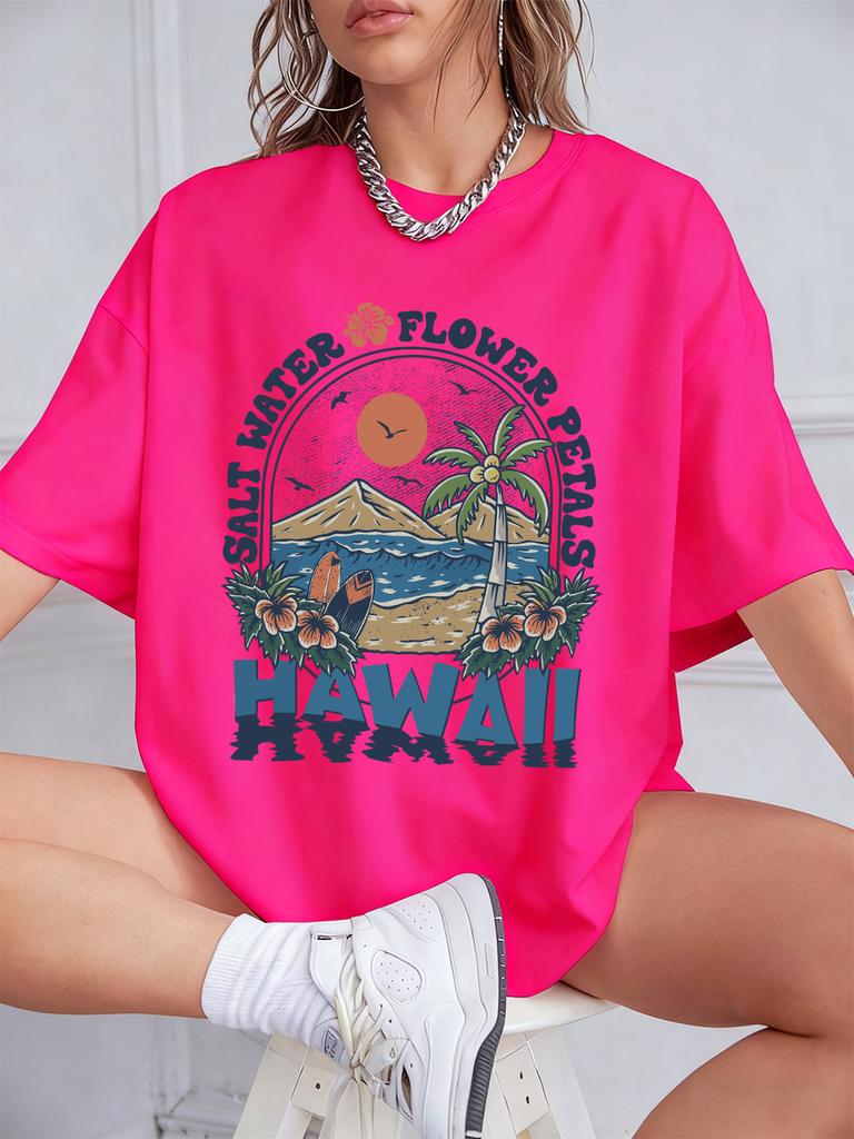 Salt Water Flower Hawaii Prints TShirts Women Summer Cotton Short Sleeve Tops Loose ONeck Comfortable T Shirt Casual Clothes
