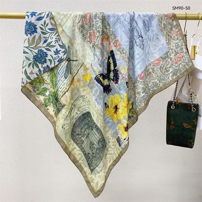 Double-Sided Faux Silk And Wool Printed Scarf For Women Spring And Autumn 90Cm Square Scarf Foulard Bandana Femmel Headscarf