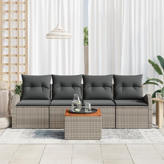 VidaXL Ensemble de Canapé de Jardin de 5 Pièces avec Coussins Gris Poly Rattan Acacia 3347510