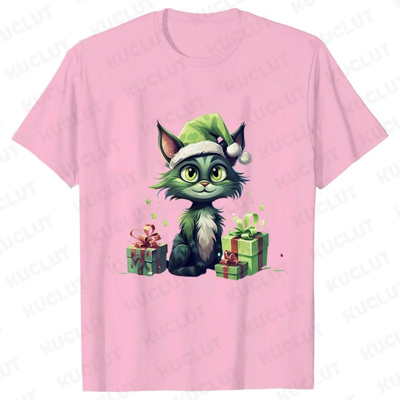 New Year Short Sleeve Tshirt Cute Cat Print Tops Fashion Xmas Unisex Tees Shirt Trend Graphic Christmas Male Oversized Clothing
