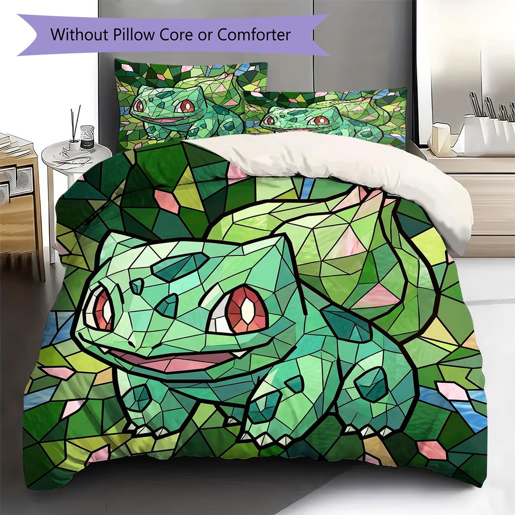 Bulbasaur Pattern Bedding Quilt Set Quilt Cover Pillowcase Home Decoration Birthday Gift (1 * Duvet Cover + 2 * Pillowcase, Without Core)