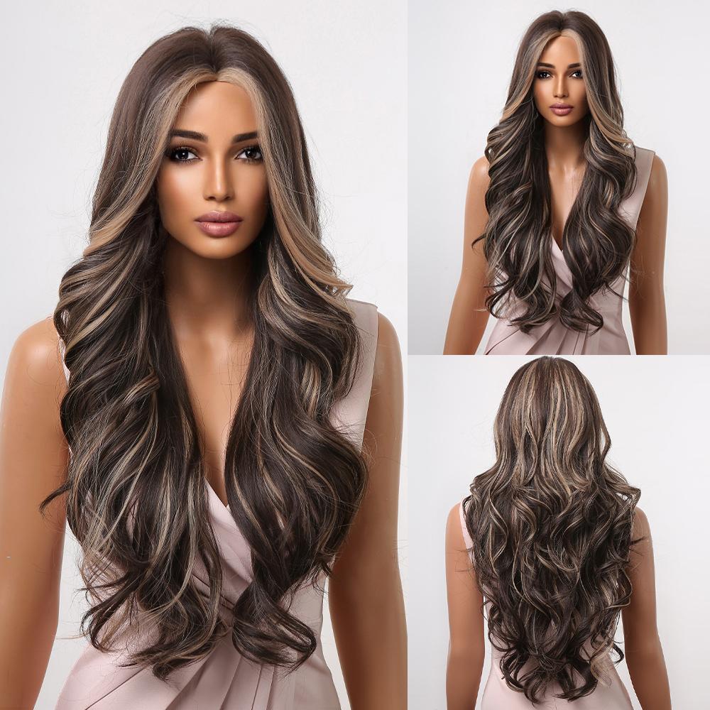 Ombre Brown Long Wavy Synthetic Hair Wig for Black Women Afro Middle Part Heat Resistant Fiber Cosplay Daily Use Hair Wigs