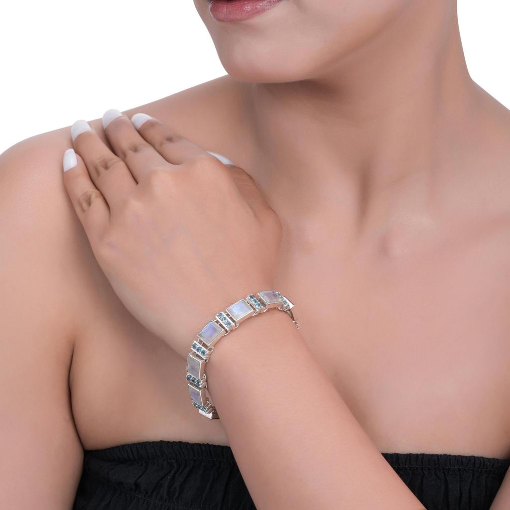 Moonstone & Swiss Blue Topaz Bracelet: Dainty 925 Sterling Silver Jewelry