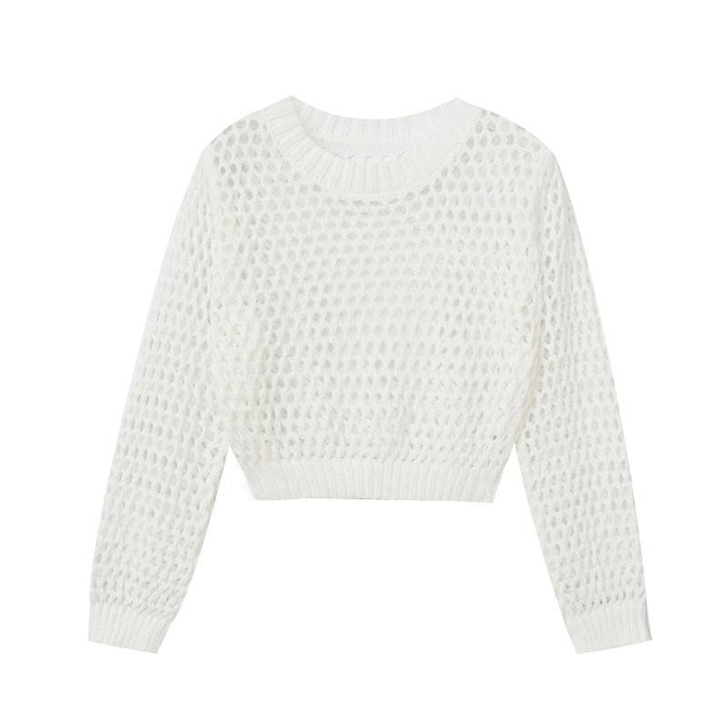 Spring and Summer Long Sleeve Hollow Knitted Sweater Women's Solid Color Inner Suspender Pullover Crew Neck Top Short Grid Design