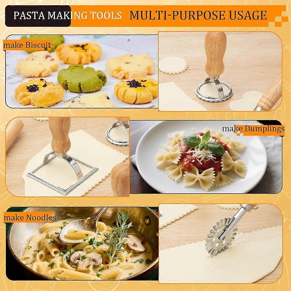 Pasta Making Tools Kit, Ravioli Maker Set with Rolling Pins, Gnocchi Board, Stamps, Cutter & Baking Mat