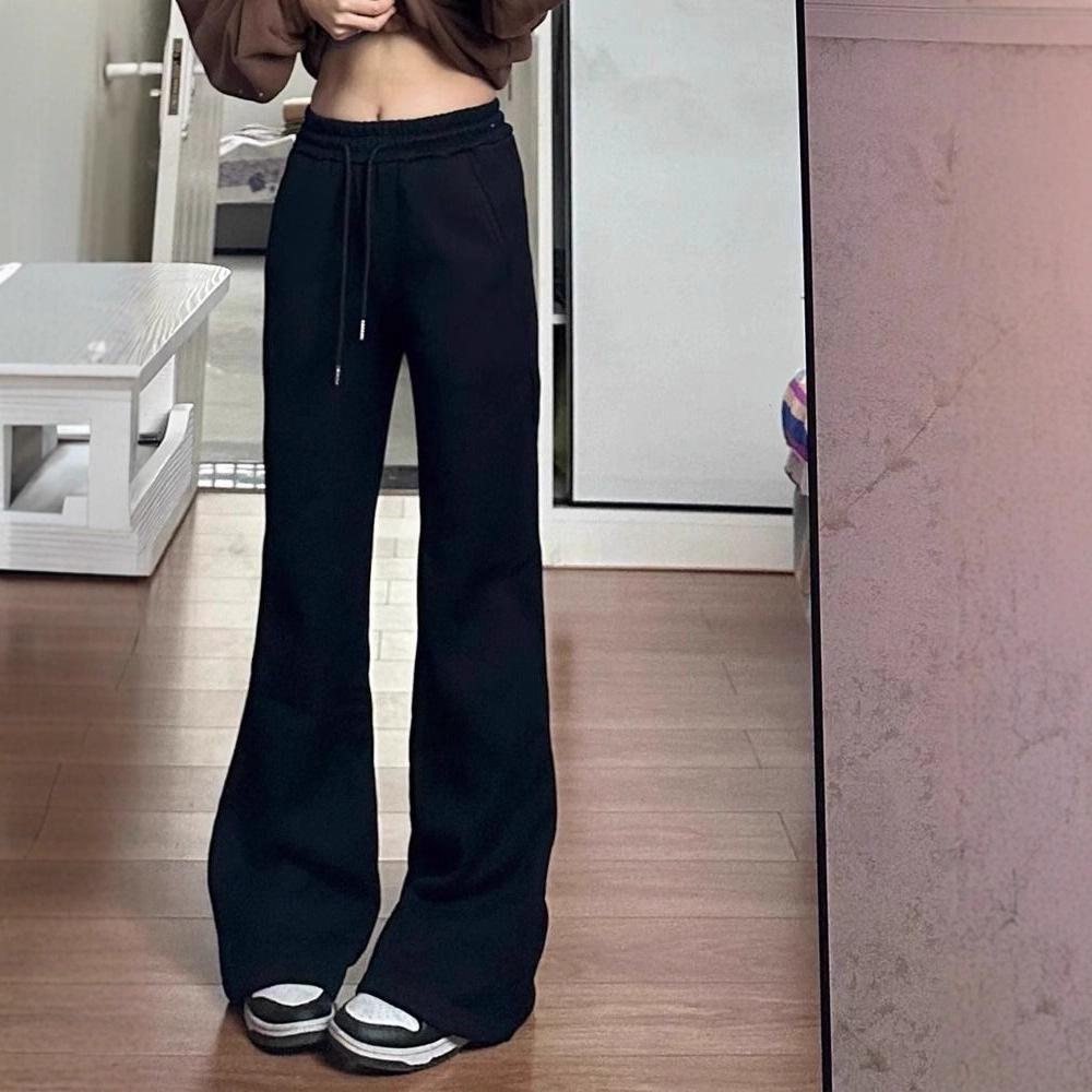 Pantalon de survêtement évasé noir taille haute pour femme - Printemps/Automne, Amincissant, Décontracté, Long jusqu'au sol avec cordon de serrage et drapé, Design en fer à cheval.