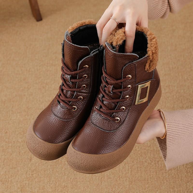 Johnature Retro Round Toe Side Zipper Plush Warm Short Boots Genuine Leather Soft Soled Women's Boots