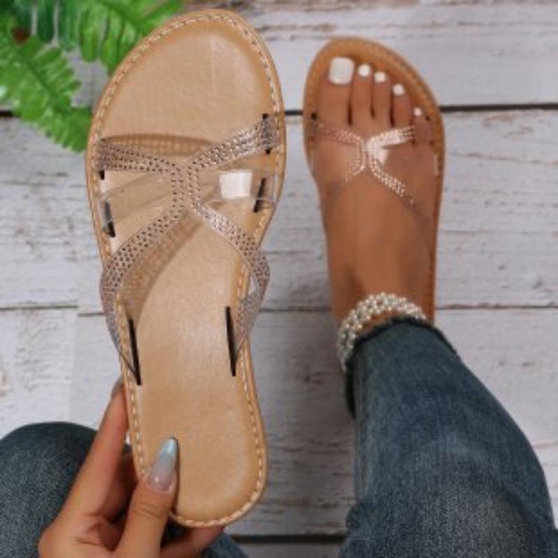 

Large size slippers summer new rhinestone flat bottom cross casual wear beach women s shoes 43 золотой