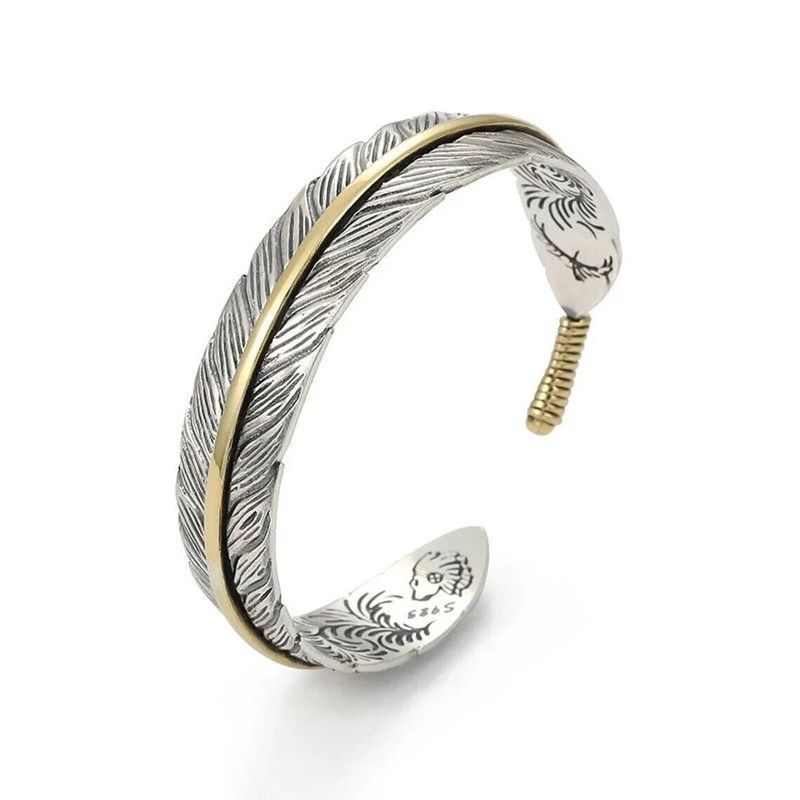 Titanium Steel Men Domineering Bangle Bracelet Feather Indian Stylish Trendy Distressed Retro Europe and America Fashion Design Adjustable