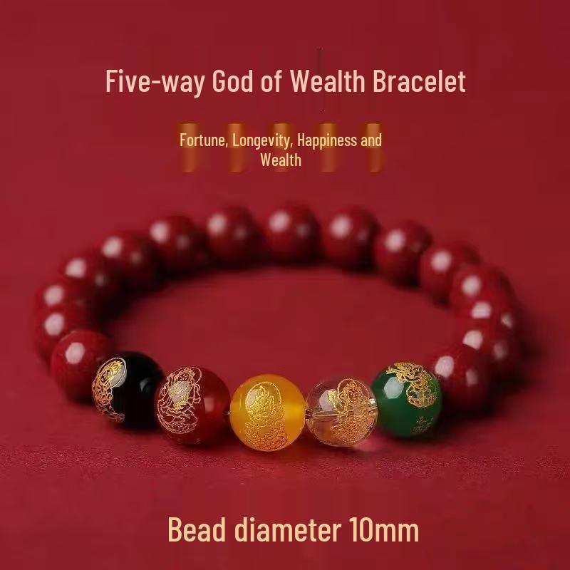 Cinnabar Five Gods of Wealth Bracelet - Luck-Changing Hand String with Purple Gold Sand Beads for Men and Women