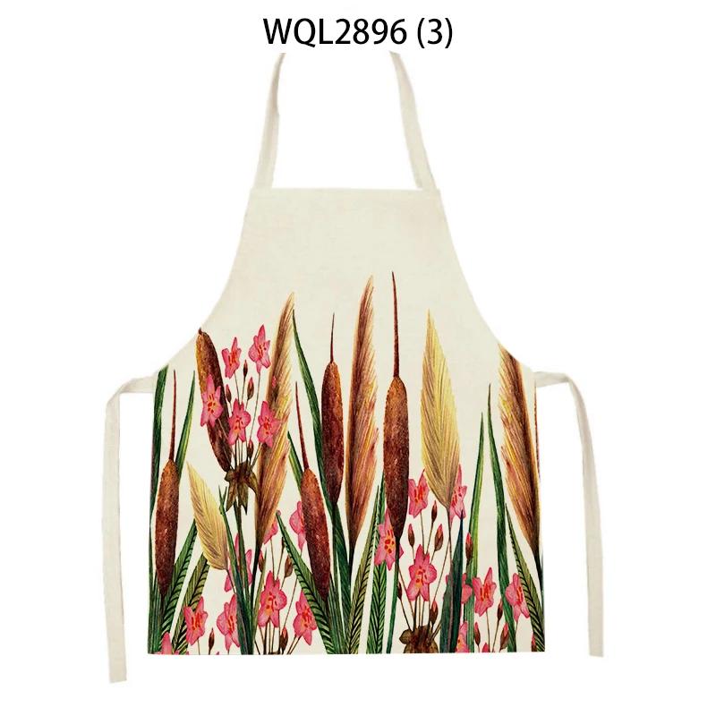 Plants Printed Kitchen Aprons Men Women Cooking Cleaning Aprons Wheat Flowers Pattern Linen Waist Apron Baking Accessories