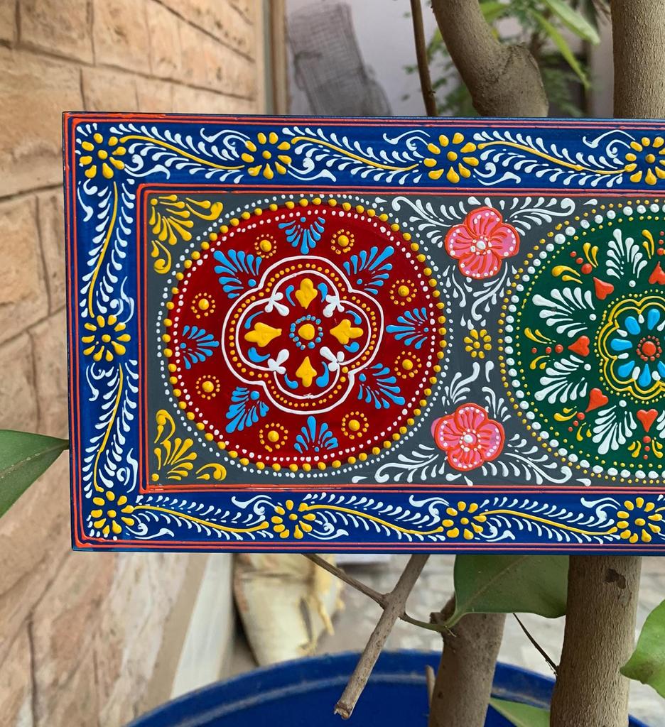 Hand Carved Painted Floral Wood Panel: Indian Home Decor