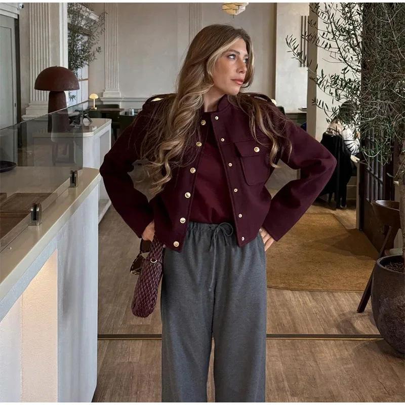 Women'S Fashion Stand-Up Collar Retro Casual Double-Breasted Short Jacket