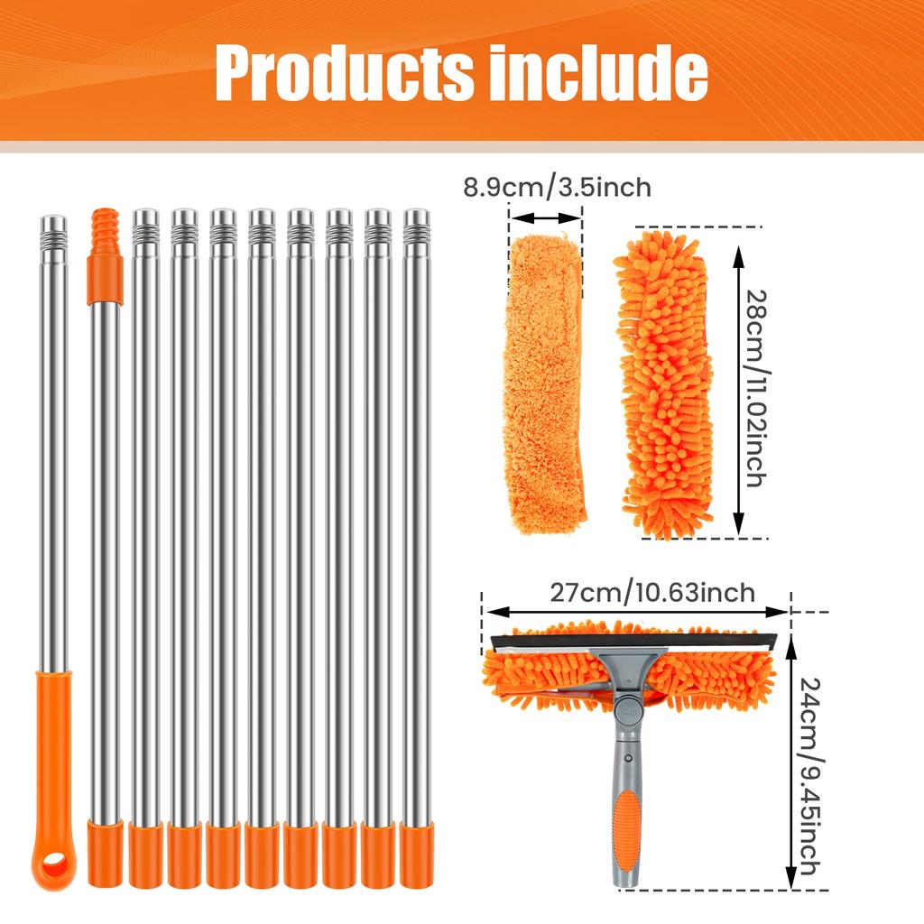 Kit Estensibile per Pulizia Finestre 100-420CM 2 in 1 Tergivetro Bipolare Pulitore Spolverino Mocio Strumenti per Pulizia Finestre Girevoli a 180°
