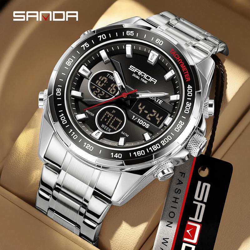 SANDA Stereoscopic Dual Display Watch Men's Steel Band Sunday Date 12/24 Hour 5ATM Waterproof Night Light Alarm Clock