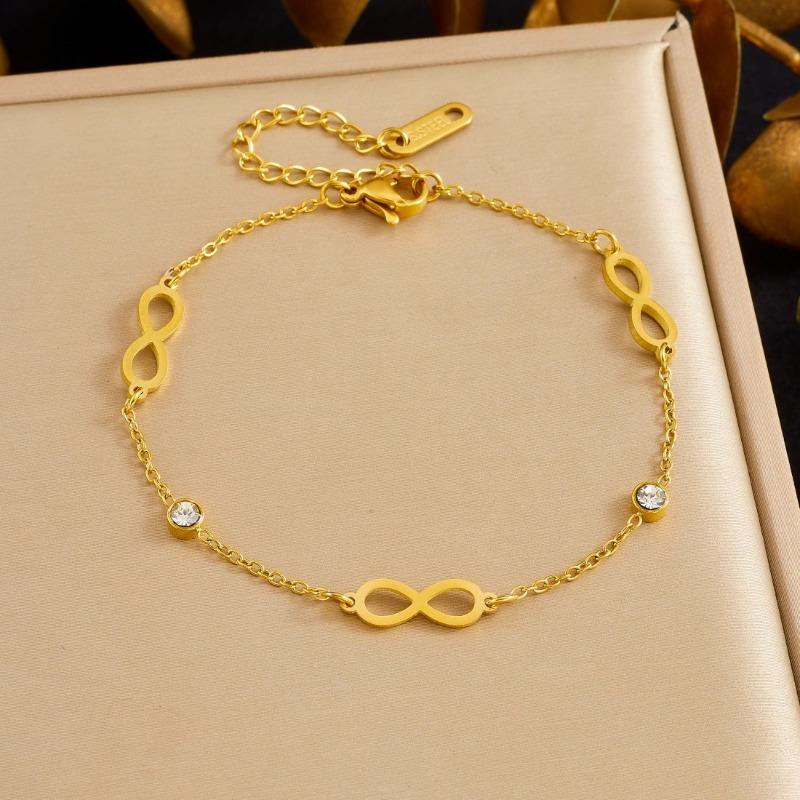 Gold Plated Infinity Symbol Bracelet with CZ Beads, Dainty Adjustable Cable Chain for Women, Minimalist Daily Jewelry золотой