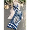 High-End Sense Retro Print Irregular Sling Waist Hugging Slimming Vest Top + High Waist Wide Leg Pants Two-piece Set
