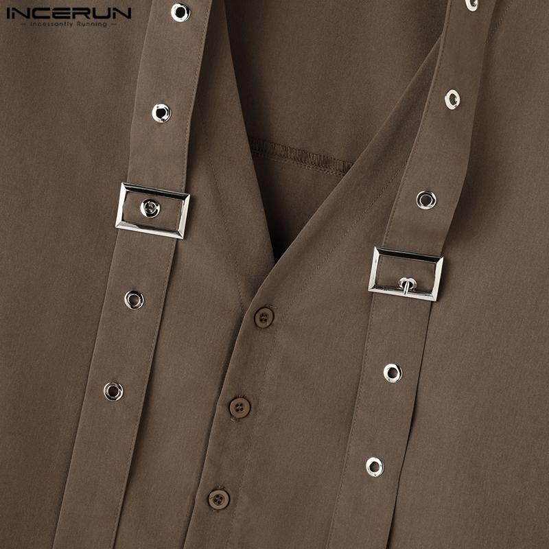 INCERUN Pánské tričko s výstřihem do V, ramenní stuhou, dlouhým rukávem, knoflíky, nadměrné