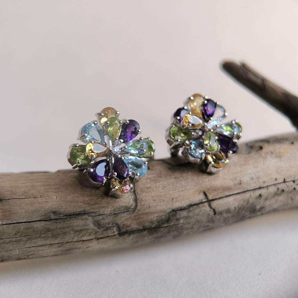 Серебряные серьги с натуральным аметистом 8.24ct, цитрином, хризолітом, топазом (2193227)