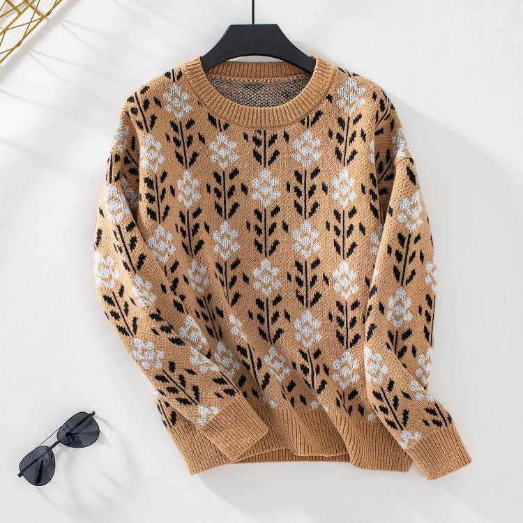 

Women Casual Crewneck Printed Soft Jacquard Oversized Knitted Pullover Sweater Long Sleeve Tops for Fall Winter XL верблюд