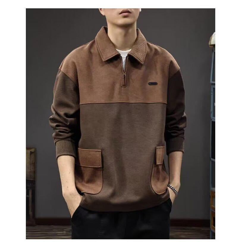 Men s Retro Color Block Half-Lapel Zip-Up Hoodie Polo Shirt XXXL