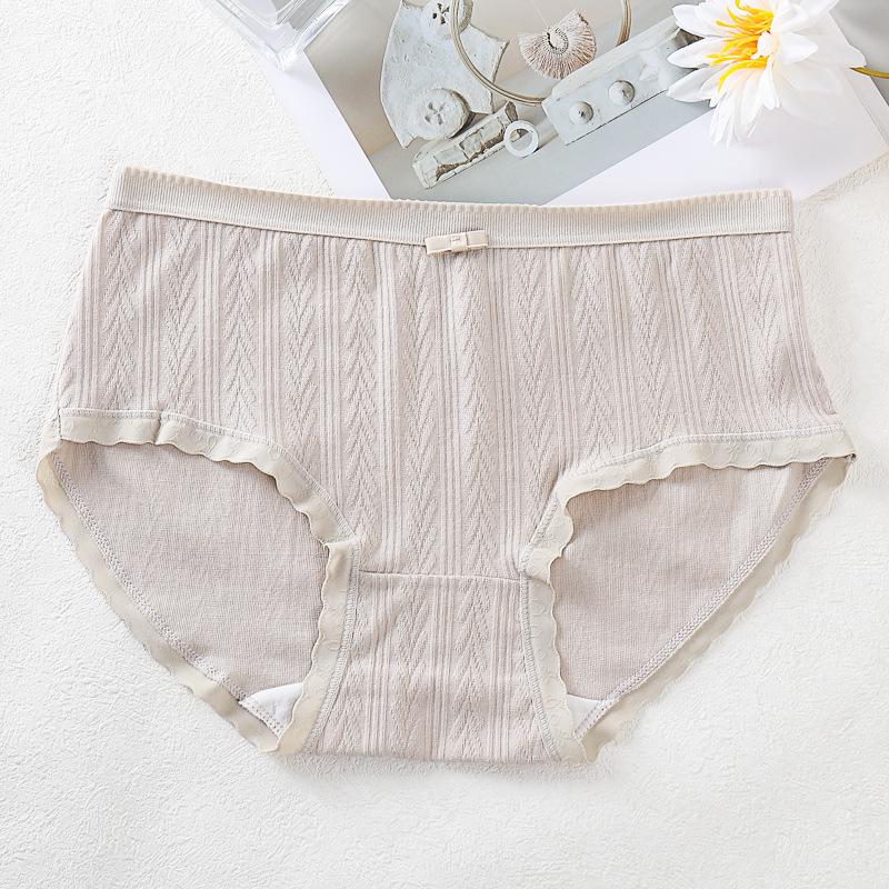 Women's Simple Mid Waist Comfortable Breathable Jacquard Pure Cotton Lace  Briefs Underwear