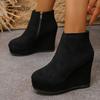 Women's Suede Platform Ankle Boots Side Zipper Chunky Wedges Heel Retro Short Booties Black Autumn Winter Casual Shoes Size 35