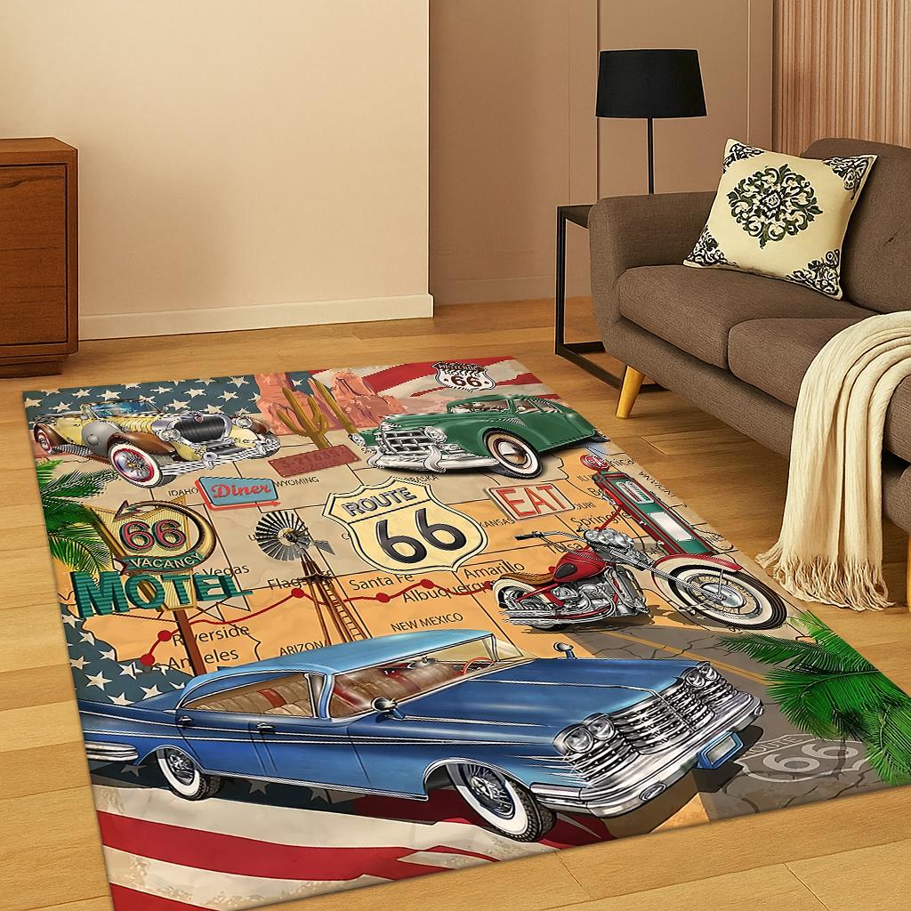 Tappeto Tappeto Retrò America Route 66 Mother Road per Soggiorno Divano Casa Camera da Letto Cucina Zerbino Decorazione, Tappetino Antiscivolo per Sala Giochi