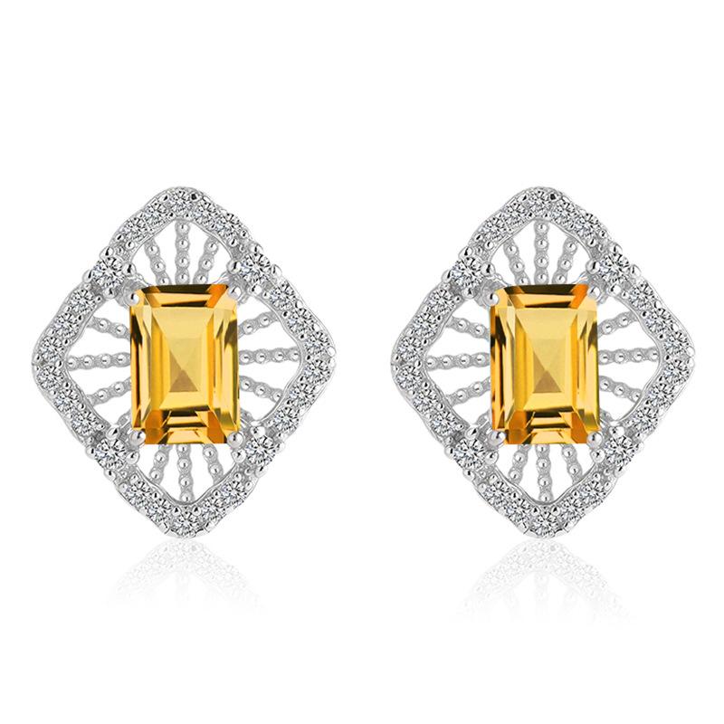 S925 Silver Stud Earrings with Natural Crystal/Topaz, Hollow Geometric Jewelry for Women