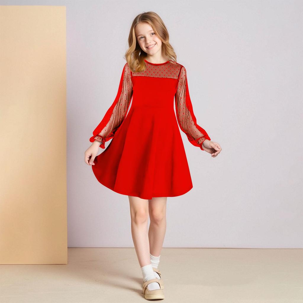 CUHK Mädchen Spitze Langarm Farbe Niedliches Prinzessinnenkleid