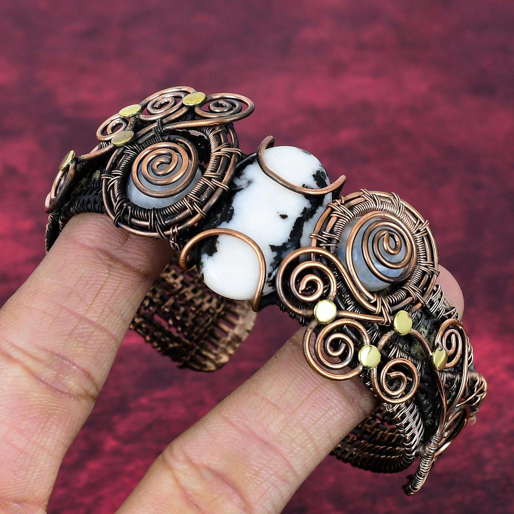 White Buffalo Turquoise & Moonstone Bangle Copper Wire Wrapped Adjustable Bangle